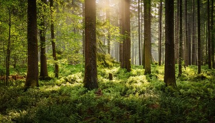 Obraz premium a serene forest landscape featuring tall trees and lush green undergrowth illuminated by soft sunlight