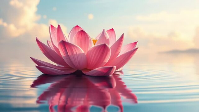 Tranquil watercolor painting of pink lotus flower floating on peaceful water	