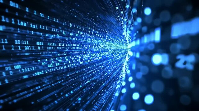 Digital Data Stream Through Binary Code Tunnel with Abstract Light Patterns