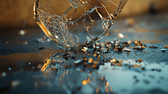 Close-Up of a Shattered Glass Piece on Wet Ground with Golden and Blue Light Reflections