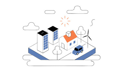 Smart and Sustainable City Landscape with Renewable Energy - Isometric Outline
