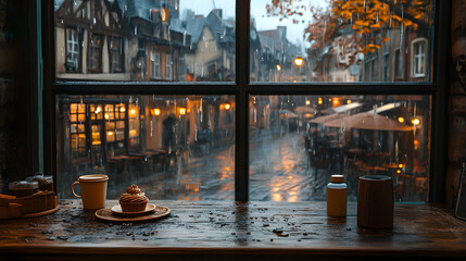 Cozy rainy café window view with cupcake and coffee inside a charming European village at dusk