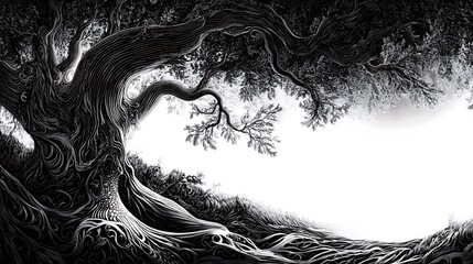 A detailed monochrome photo of a gnarled ancient tree with intricate roots and branches