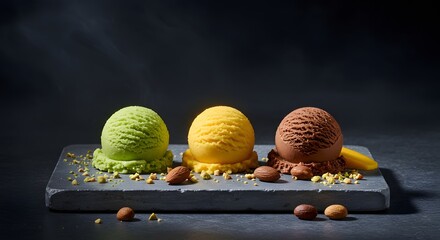 Ice cream scoops dessert flavors pistachio mango chocolate delicious sweet treat frozen delight cool treat