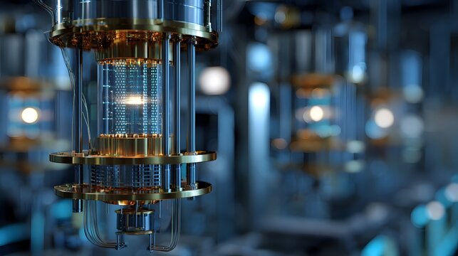 Quantum computing lab environment quantum processors cooling chambers and photonic circuits in high detail advanced physics meets supercomputing visual style glowing dark science themed background