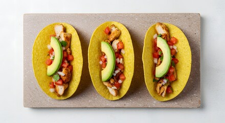 Delicious chicken tacos with avocado and fresh salsa on a stone plate perfect for your next fiesta