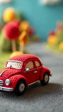 Handcrafted red crochet toy car on a winding road surrounded by colorful wool trees in a whimsical miniature landscape with soft focus