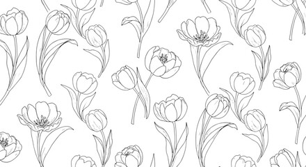 Hand-drawn tulip pattern on white background in monochrome style  