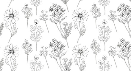 Floral pattern with various hand-drawn flowers on white background  