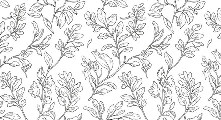 Floral pattern illustration with outlined leaves and flowers  