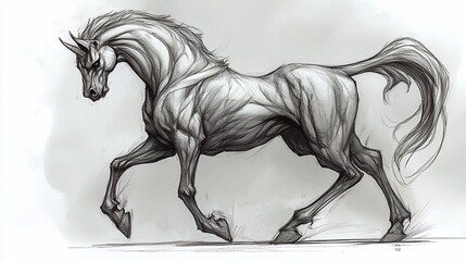 Powerful horse in motion, detailed anatomical sketch