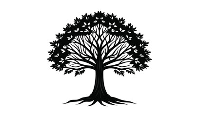 Black silhouette of a large tree with roots