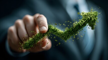 Green Growth Concept: Hand Holding Arrow Made of Foliage