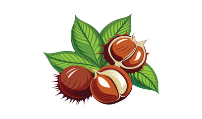 Fresh chestnuts with green leaves illustration