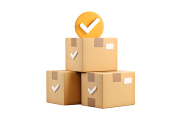 Obraz premium 3D Cardboard boxes with check mark. Delivered order or package. Approved delivery box. Quality control. Parcel security. Cartoon creative design icon isolated on white background. 3D Rendering