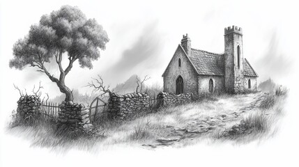 Rural church landscape drawing