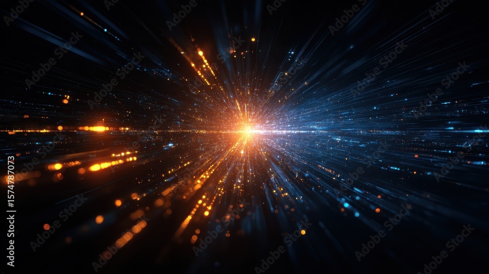 Poster digital technology background with blue and orange lights, glowing digital data streams in the cente
