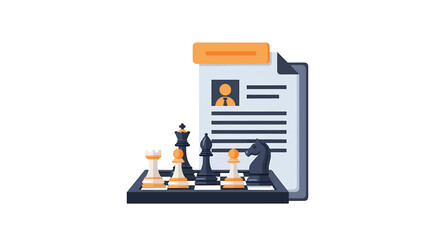 Strategic hiring process visualized with chess pieces and a resume, symbolizing planning and candidate selection.
