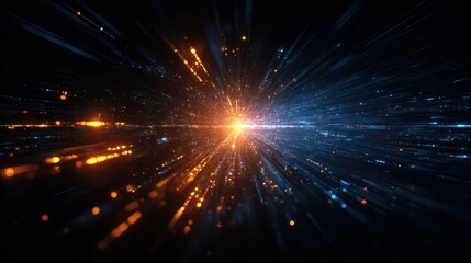 Fototapeta premium Digital technology background with blue and orange lights, glowing digital data streams in the center of abstract futuristic space tunnel or dark corridor with light particles and