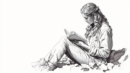 A young woman sits engrossed in a book outdoors, lost in its pages