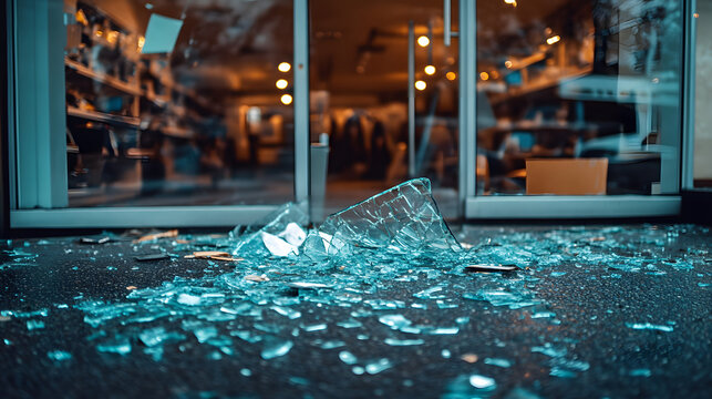 Shattered glass on city sidewalk outside a fashion store with warm lighting and visible storefront interior after vandalism