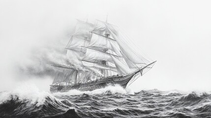 A majestic sailing ship battling a turbulent sea