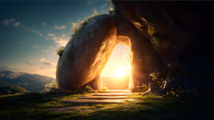 Sunrise view from inside an ancient stone tomb with the round entrance rock rolled away
