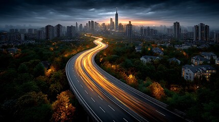 Obraz premium Top-down perspective of a sprawling urban highway network with illuminated vehicle trails forming bright streams through a modern cityscape.