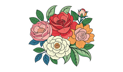 Vibrant floral bouquet illustration with roses and leaves