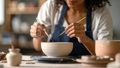 Woman painting ceramic bowl (1)