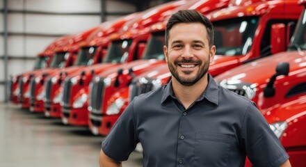 A smiling man stands confidently in front of a row of red semitrucks in a warehouse