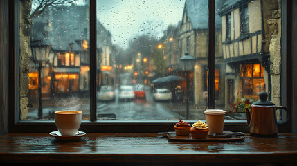 Warm and inviting coffee shop interior on a rainy day with cupcakes and coffee against a blurry old town street