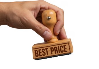 Hand holding a wooden rubber stamp with the words best price isolated on white background