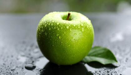 Closeup of a Green Apple Covered in Water Droplets on a Dark Surface