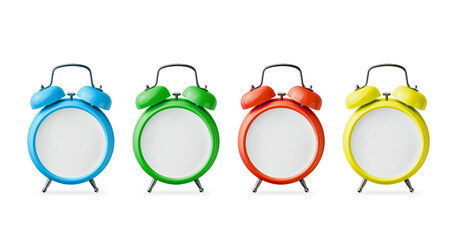Set of alarm clocks red, blue, green, yellow color without hands and dial with empty space for...