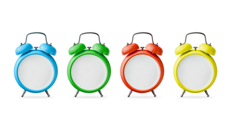 Set of alarm clocks red, blue, green, yellow color without hands and dial with empty space for design isolated on white background with clipping path. Design element.