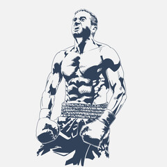 Muscular male boxer with emotional expression wearing gloves and boxing shorts, victory celebration vector illustration