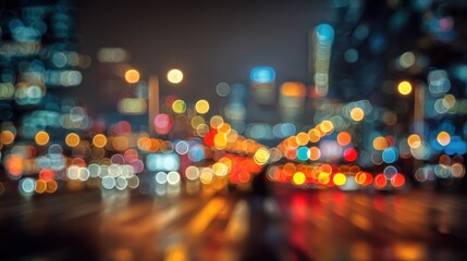 Vivid abstract background of colorful bokeh lights with a blurred city night atmosphere.