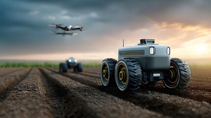 Smart farming automation robots AI driven precision tools working on fields under drone observation with sunset background showing agritech innovation in rural landscapes
