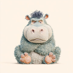 Furry cartoon hippo sitting cross-legged with a disgruntled expression on a soft background