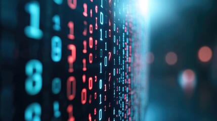 Close-up view of a digital display wall filled with binary code. Digit patterns appear in a spectrum of red and teal, emphasizing a sense of data flow