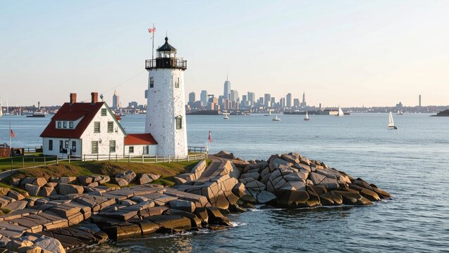 Scenic view of the historic Graves Light in Boston Harbor with the city skyline in the background on a beautiful day