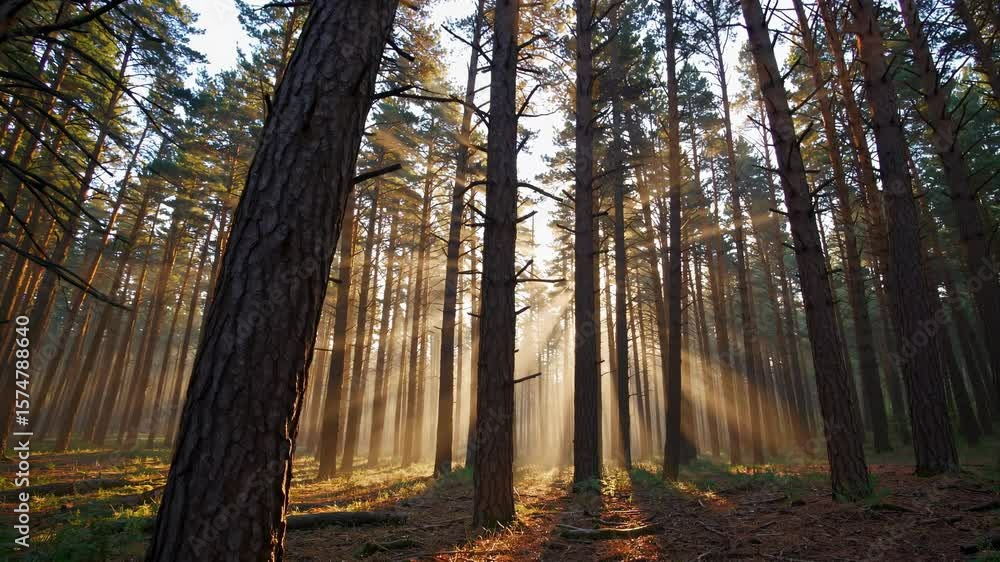 Poster sunlight streams through tall pine trees in a serene forest, captured from a low-angle, creating a c
