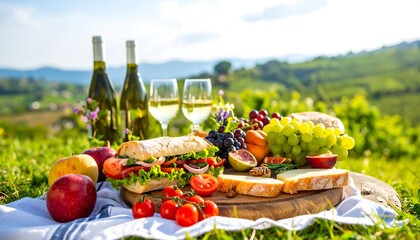 Sunny Day Picnic A Fresh Sandwich with Fruit and Vegetables on a Plaid Blanket