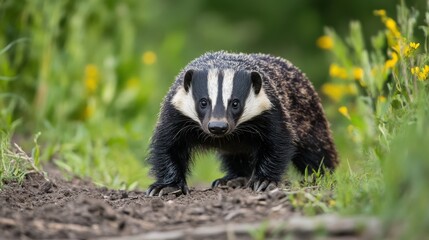 Badger standing on a dirt path in a grassy area.