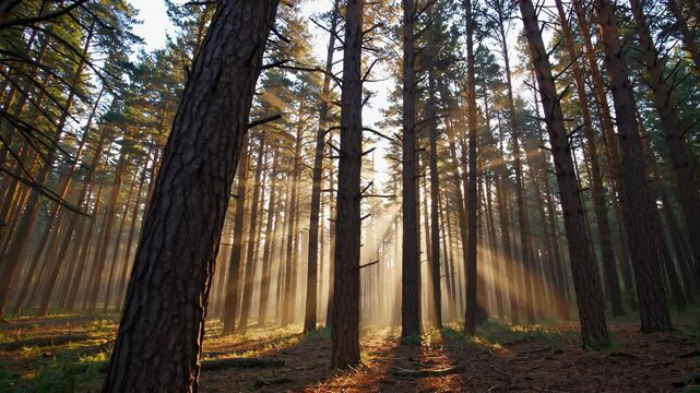 Sunlight streams through tall pine trees in a serene forest, captured from a low-angle, creating a cinematic video-like atmosphere. Live desktop wallpaper.