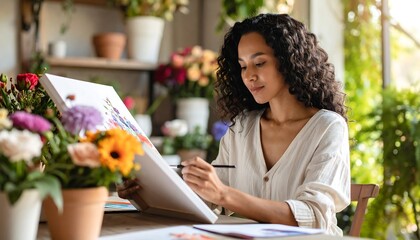 Woman painting in floral shop