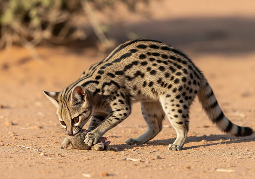 Close-Up of Arabian Small-Spotted Genet Catching Prey &ndash; Genetta genetta Wildlife Action Shot