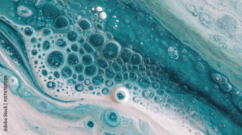 Poster teal and white swirls with bubbles. a close-up of a mixture of teal and white liquids creating marbl
