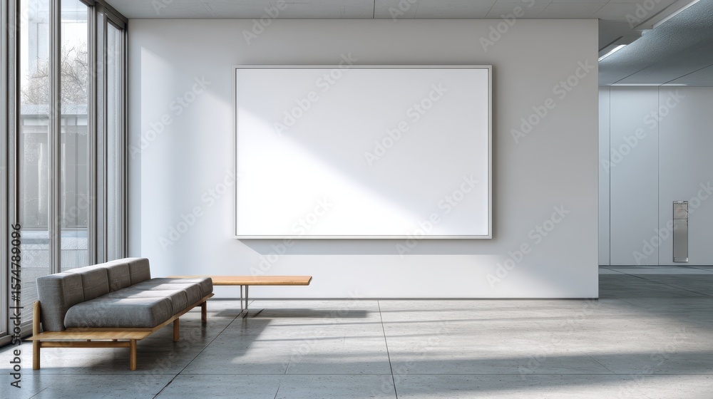 Poster a photo of a large white wall with an empty frame in the waiting room, with a clean and modern minim